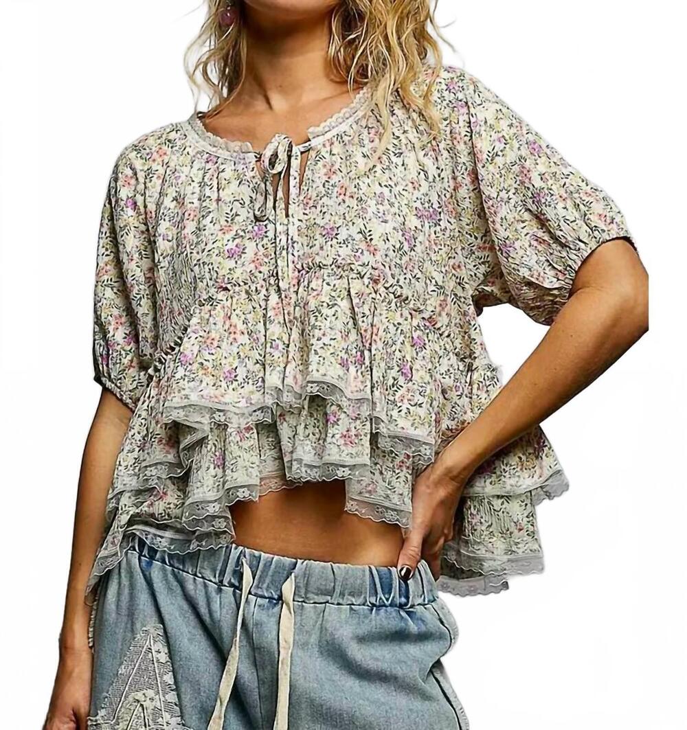 NEW POL neck loop floral ruffle top in ivory